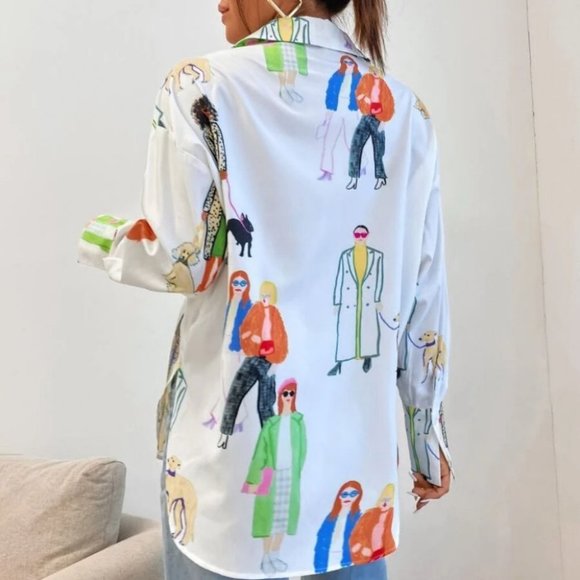 Firgure Print Contemporary Button down long sleeve blouse top - Picture 3 of 7